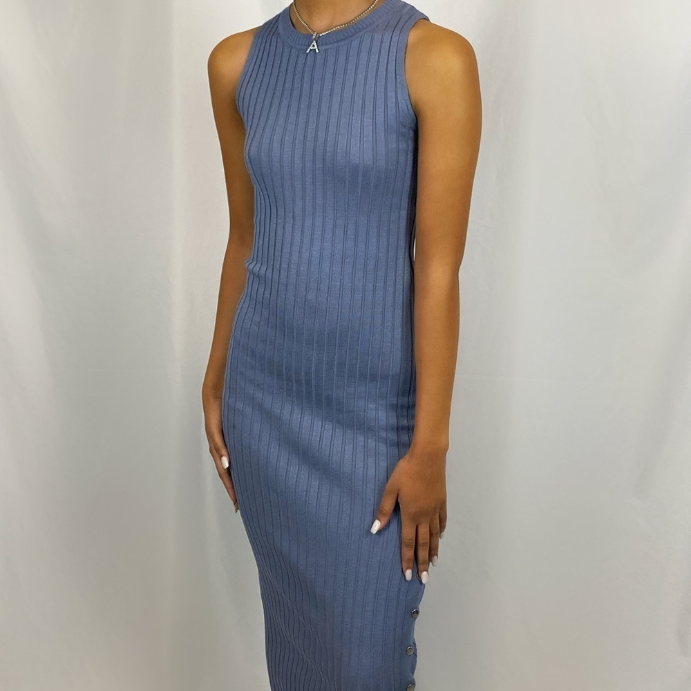 Muted blue ribbed sweater knit dress